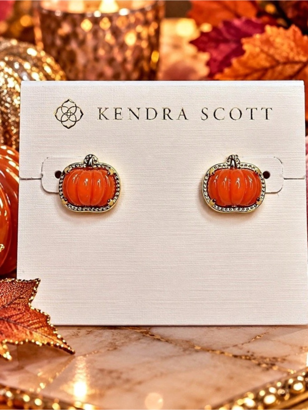 🎃 Kendra Scott Pumpkin Stud Earrings – Gold Tone & Orange